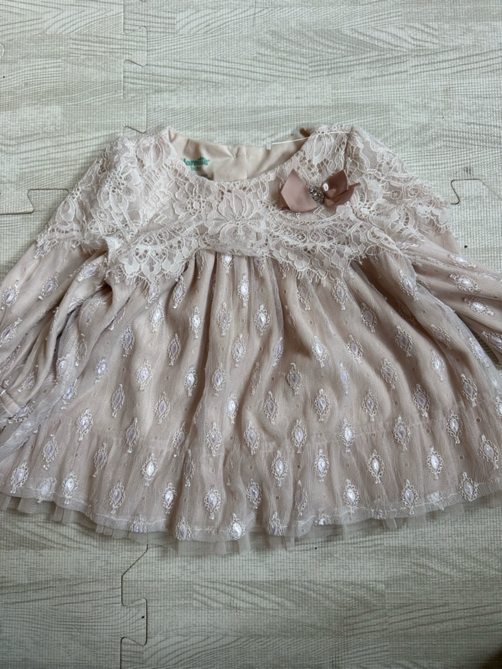 Nannette Blush Lace & Tulle Dress with Bow. Beige cream pinky color.